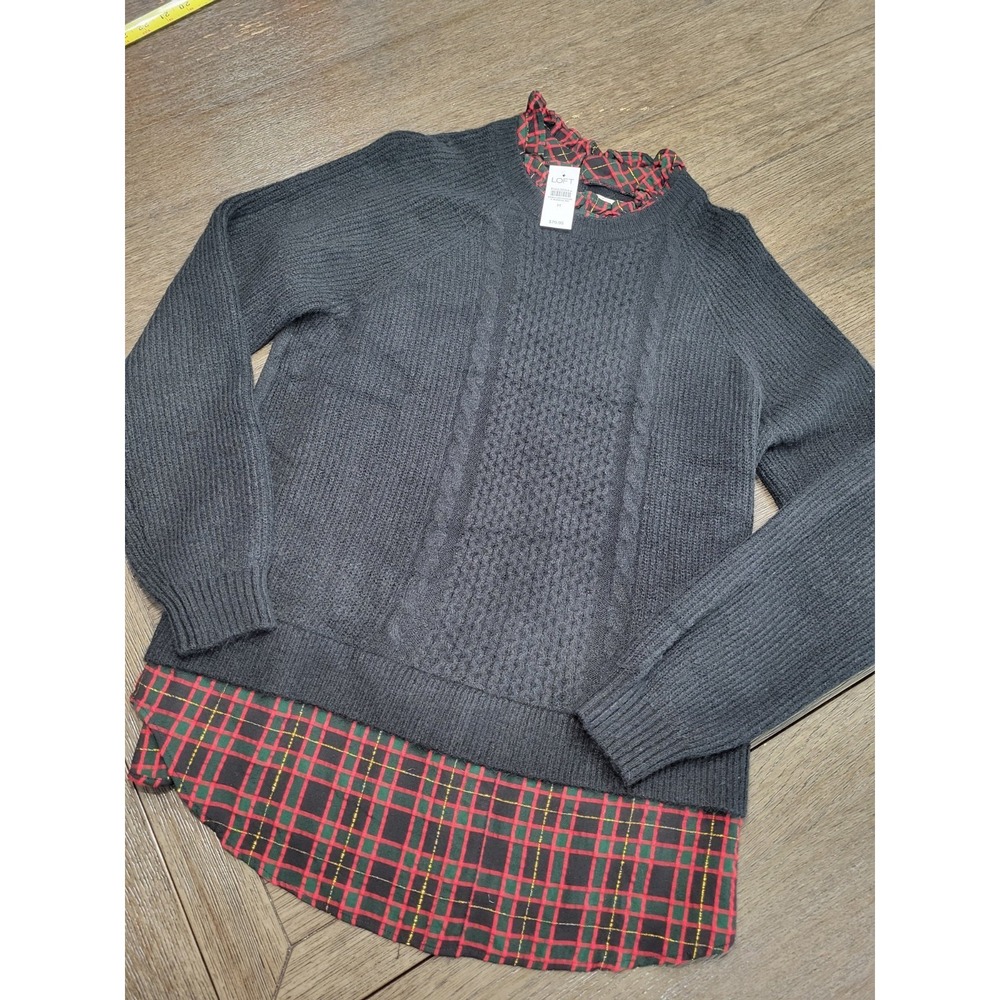 Ann Taylor Loft Sweater Womens Medium Pullover‎ Red Tartan Plaid Ribbed